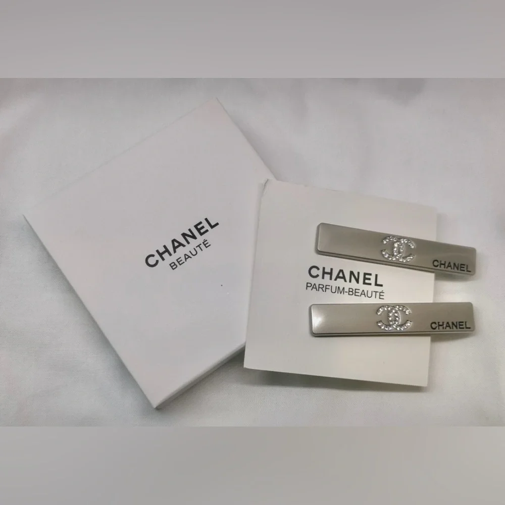 CHANEL Silver Hair Clips with Crystal Logo - Picture 8 of 9